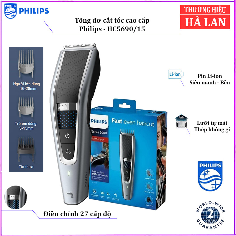 Tông đơ cắt tóc cao cấp Philips HC5690/15 tích hợp 2 lưỡi cắt, đảm bảo cắt nhanh chóng, tiết kiệm thời gian - Hàng Nhập Khẩu