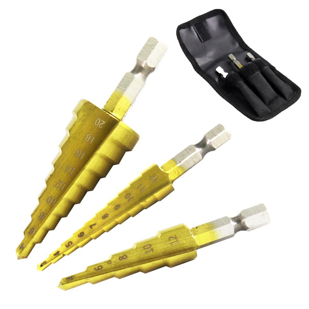 3pcs 3-12mm 4-12mm 4-20mm HSS Straight Groove Step Drill Bit Set Titanium Coated Wood Metal Hole Cutter Core Drill Bit Set