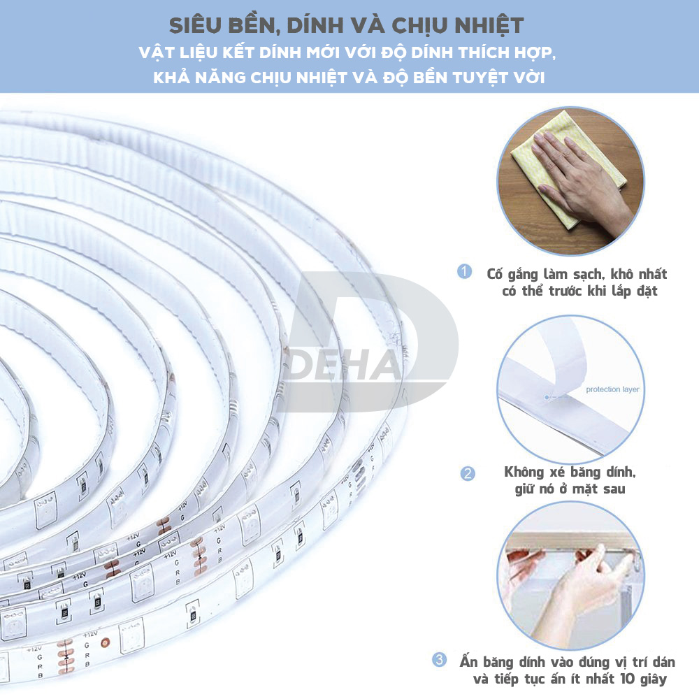 Bộ đèn Led dây dán RGB đổi màu điều khiển từ xa chọn màu đứng yên, nhấp nháy strip light trang trí quay Tiktok dán tường, bàn máy tính, chống nước bền đẹp