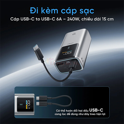 Sạc dự phòng Cuktech Power Bank 10 Mini Built-in USB-C Cable 1USB 2Type-C 55W 10000mAh PB1055 - Hàng chính hãng