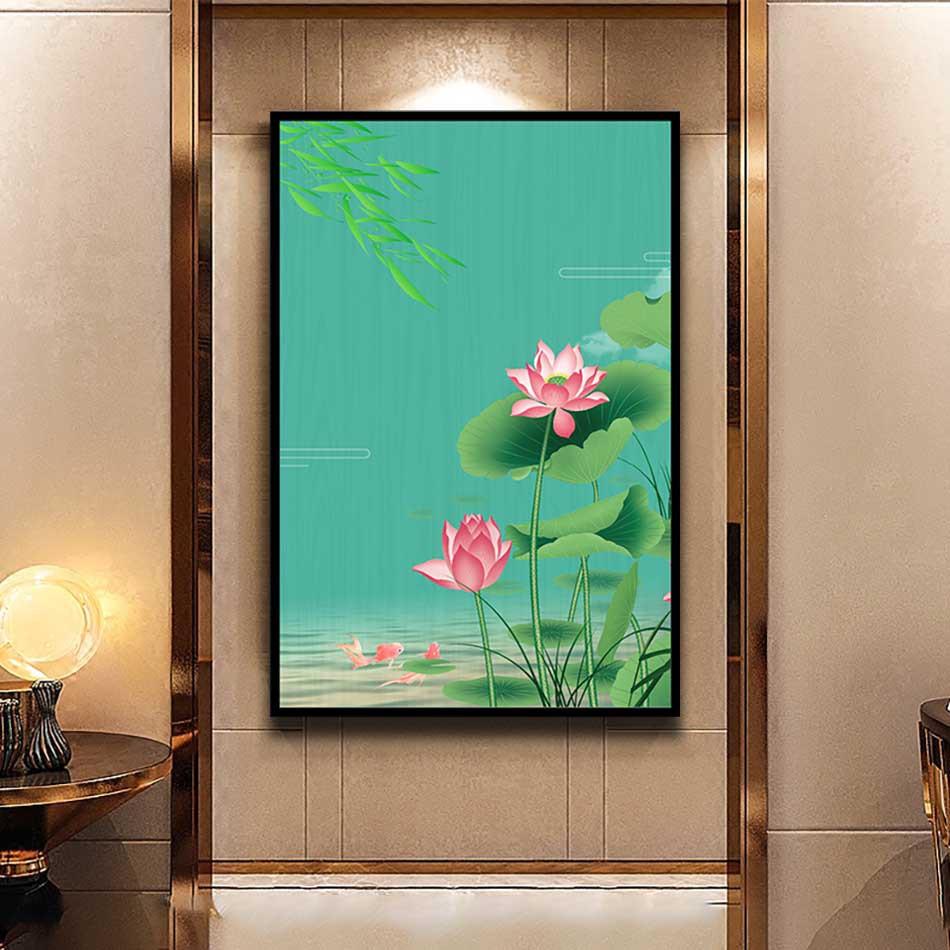 Tranh đơn canvas treo tường Decor Họa tiết sen hồng dịu dàng trong đầm cá - DC168