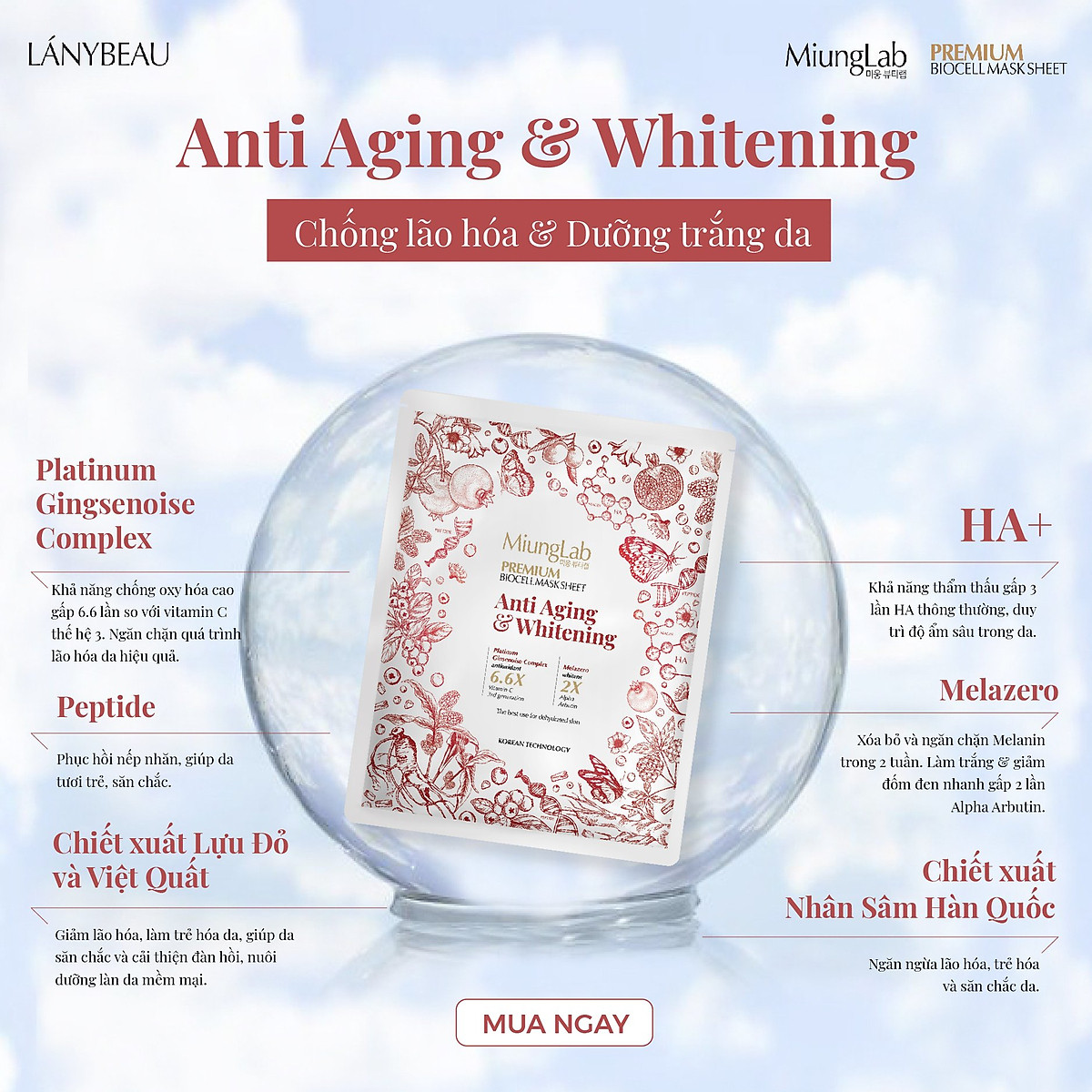 Hình ảnh Hộp 8 mặt nạ dưỡng trắng da MiungLab Premium Anti-Aging and Whitening (25g/miếng)