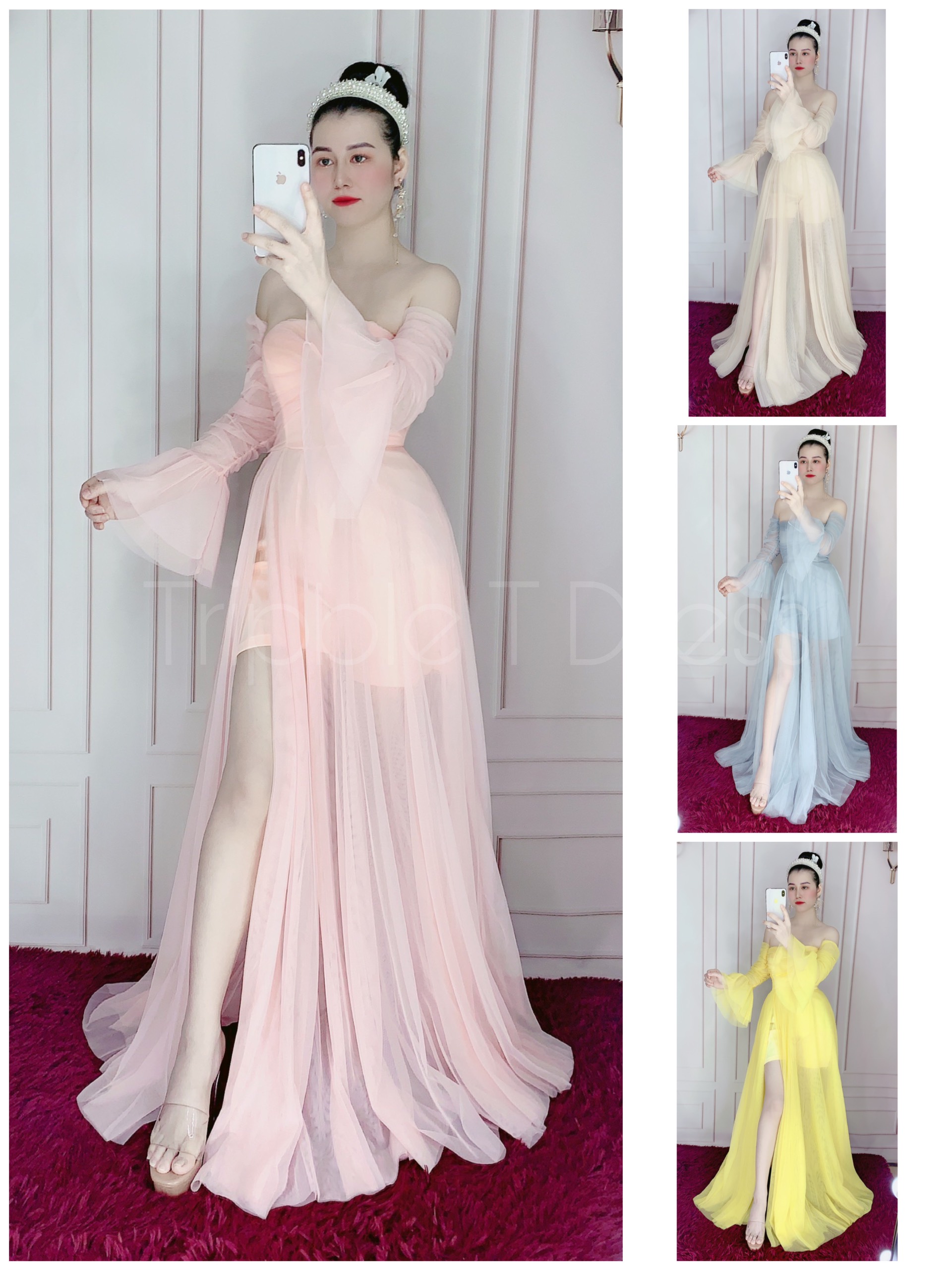 Đầm maxi dự tiệc tay loa xẻ đùi trễ vai lưới TRIPBLE T DRESS - size M/L - MS246V