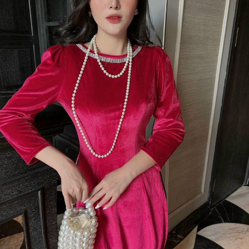 SÉT ÁO DÀI NHUNG TAY BỒNG CỔ ĐÁ CAO CẤP