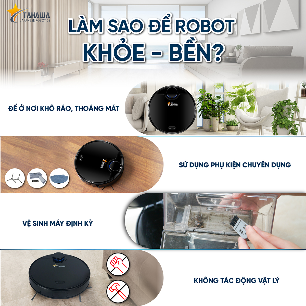 Robot hút bụi TAHAWA TH-06 PLUS Robo hút bụi lau nhà  với các tính năng nổi bật và hiện đại. Tiết kiệm thời gian và công sức khi sử dụng riêng biệt từng chế độ robot hút bụi lau nhà thông minh 3 in 1 hút, quét, ,lau. Bảo hành chính hãng 2 năm