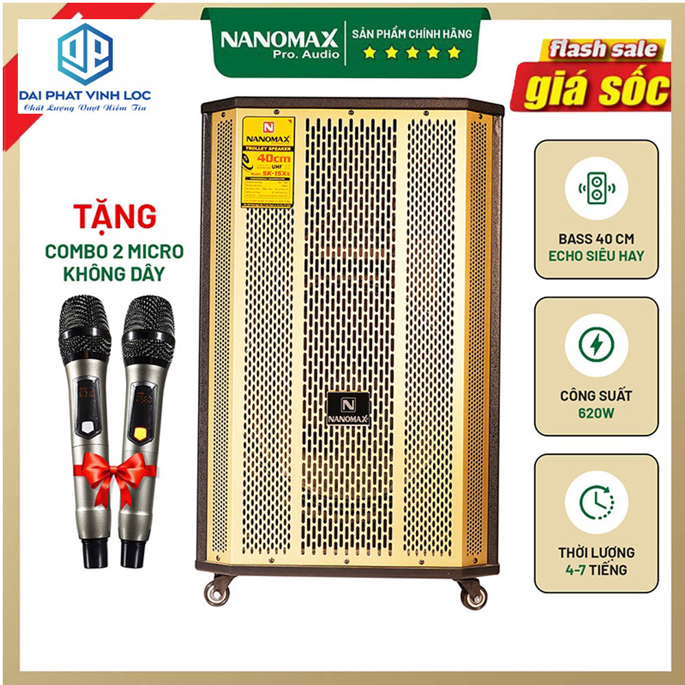 Loa Kéo Karaoke Nanomax SK_15x5 Bluetooth Bass 40 Tặng 2 Mic Đọc Được Usb Thẻ Nhớ Công Suất 620w Có Bánh Xe Cao Cấp hàng chính hãng