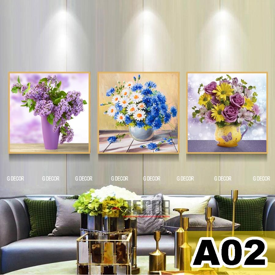 Tranh treo tường vuông canvas 3 bức phong cách hiện đại Bắc Âu A01 tranh lọ hoa trang trí phòng khách phòng ngủ spa