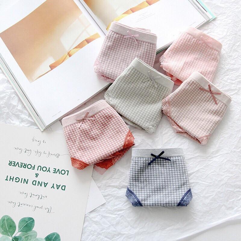 Quần Lót Nữ Cotton Co Giãn 4 Chiều Kẻ Caro Viền Ren Dễ Thương 555