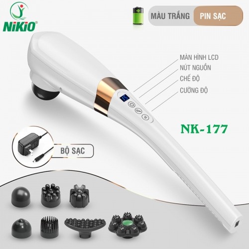 Máy Massage Cầm Tay Nikio NK-177 - Không Dây Pin Sạc, 7 Đầu Mát Xa Độc Đáo, 5 Chế Độ, 6 Tốc Độ Matxa, Hỗ Trợ Giảm Đau Cơ, Cứng Khớp, Thư Giãn Toàn Thân - Tay Cầm Dài Dễ Thao Tác