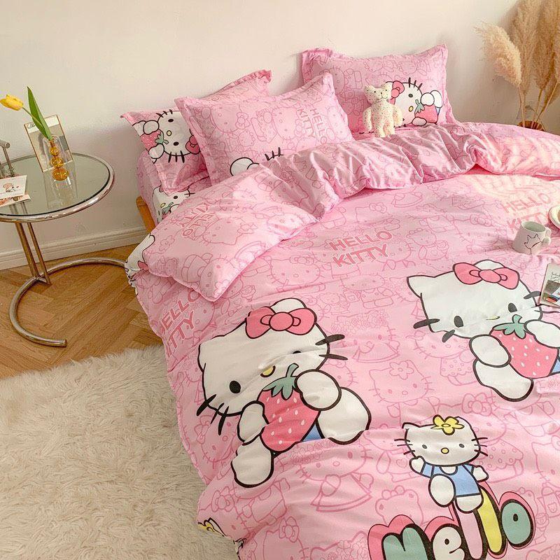 Bộ chăn ga gối Kitty hồng Cotton Poly cao cấp LEEBedding, chăn ga Hàn Quốc, miễn phí bo chun ga giường theo yêu cầu