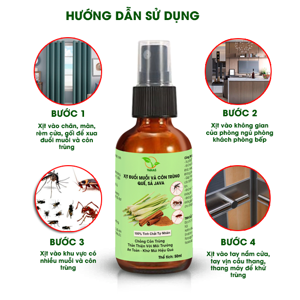 Xịt đuổi muỗi và côn trùng hương sả quế chai 50ml, xịt tinh dầu đuổi muỗi, thành phần tự nhiên, an toàn cho người dùng