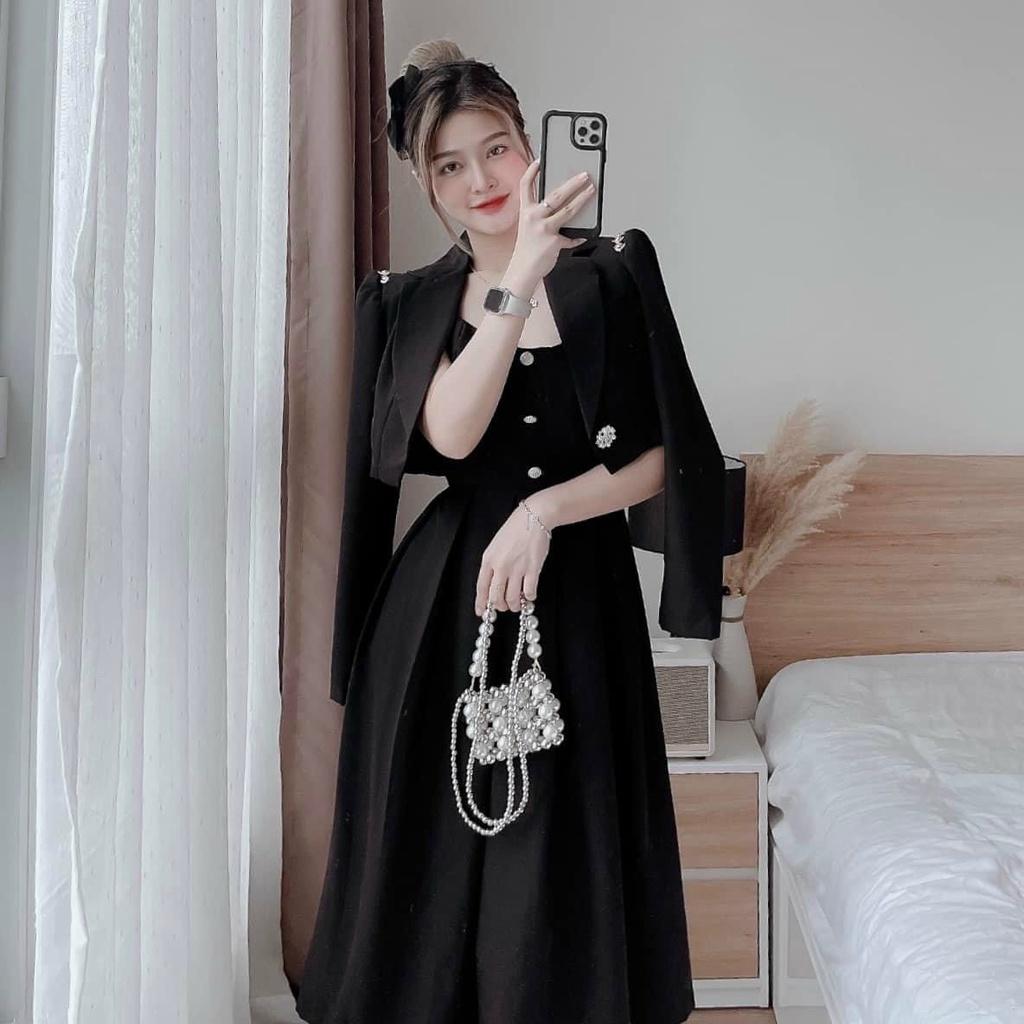 Set đầm midi đen 2 dây kèm áo khoác vest croptop tay dài đính cườm tiểu thư sang chảnh dự tiệc nina lê