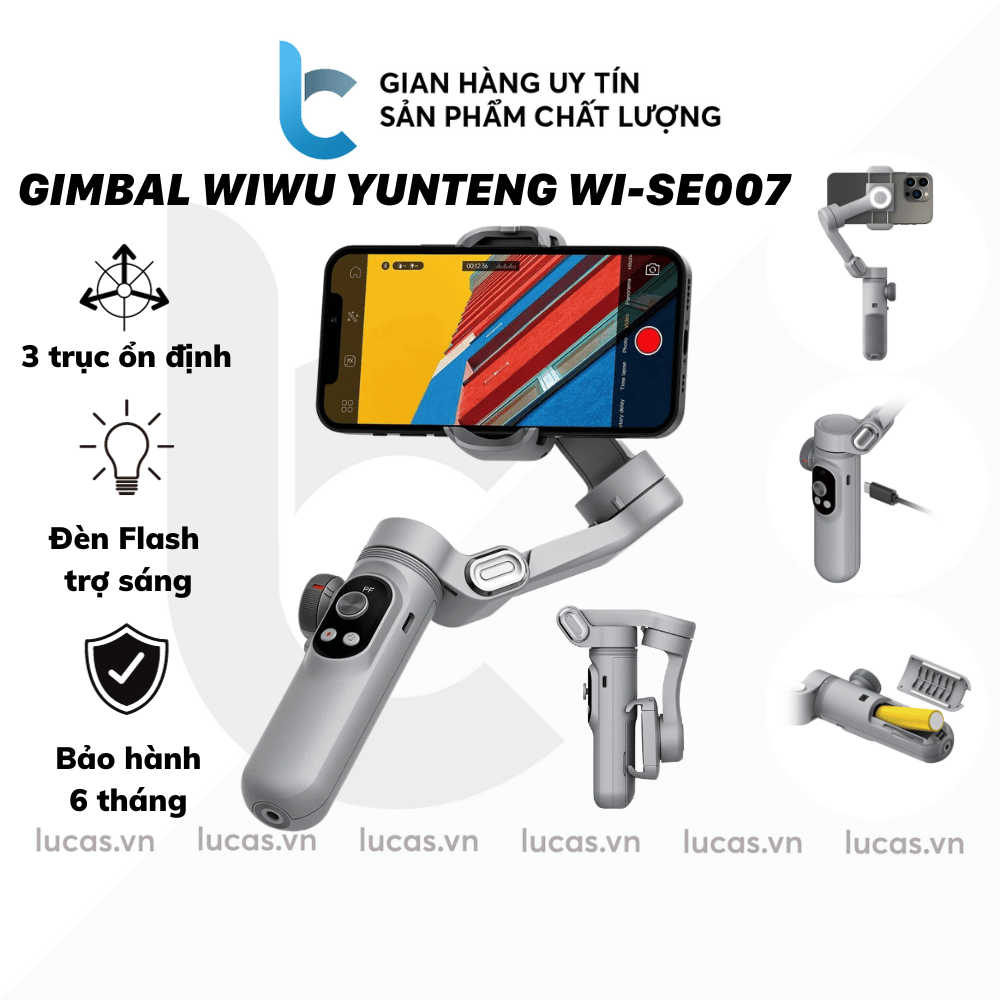 Gimbal Cầm Tay Chống Rung Điện Thoại WIWU YUNTENG WI-SE007, 3 Trục Chống Rung Quay Phim, Trang Bị Đèn LED Trợ Sáng - Hàng Chính Hãng