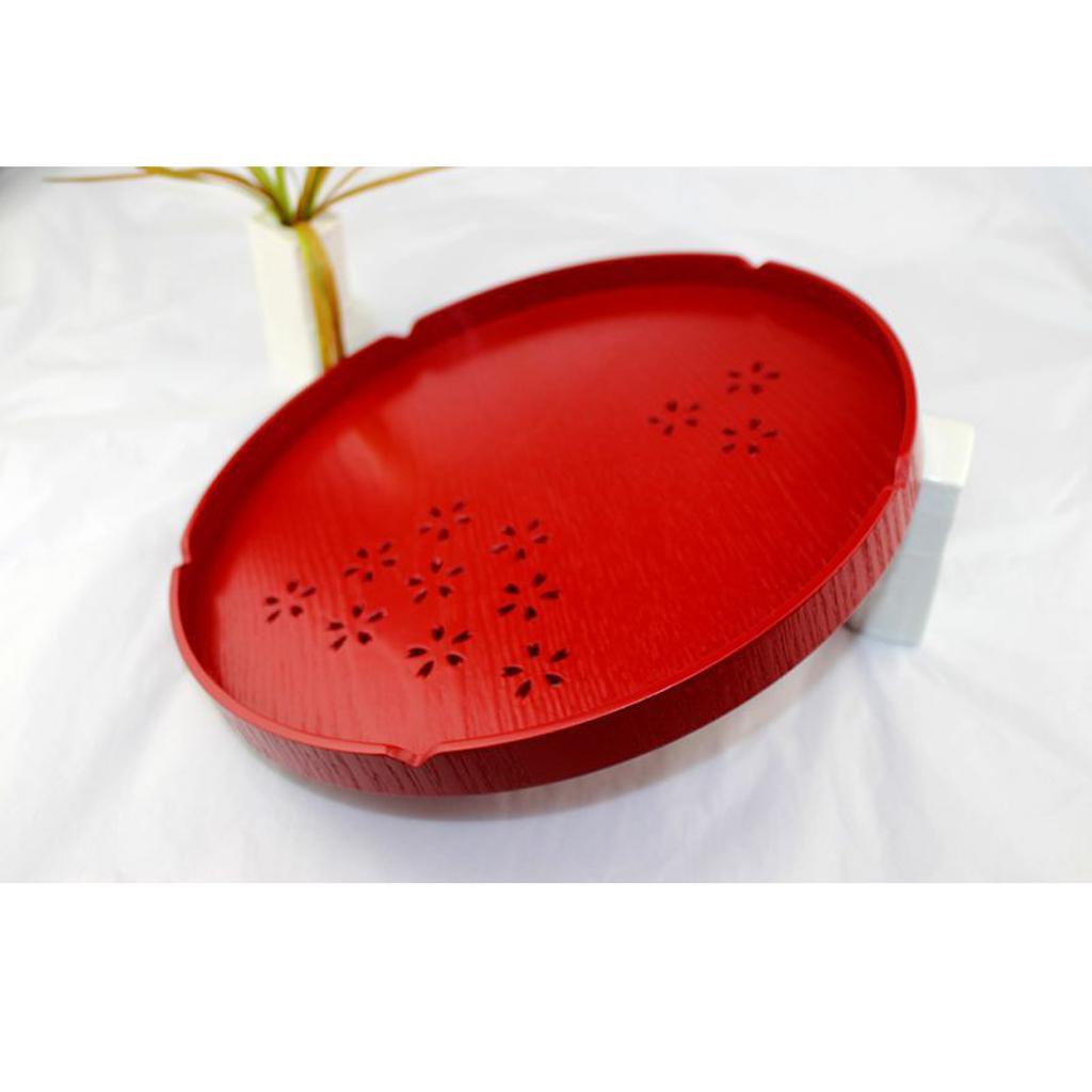 Wooden Serving Tray Pizza Tea Food Platter Home Fruit Plate Round Red 30cm
