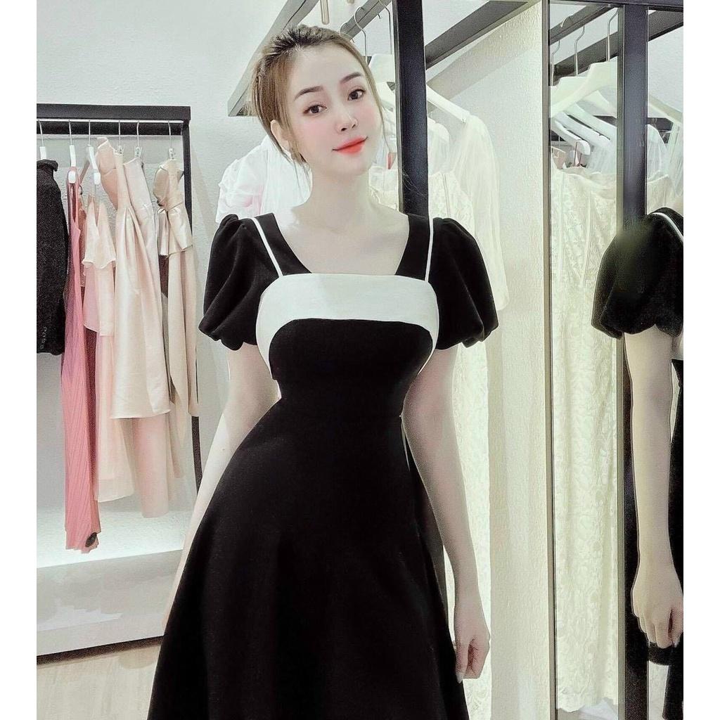 FREE SHIP Đầm Váy Nữ Chất Vải Nhung Phối Viền Trắng Tay Phồng TIỂU THƯ SANG CHẢNH DS