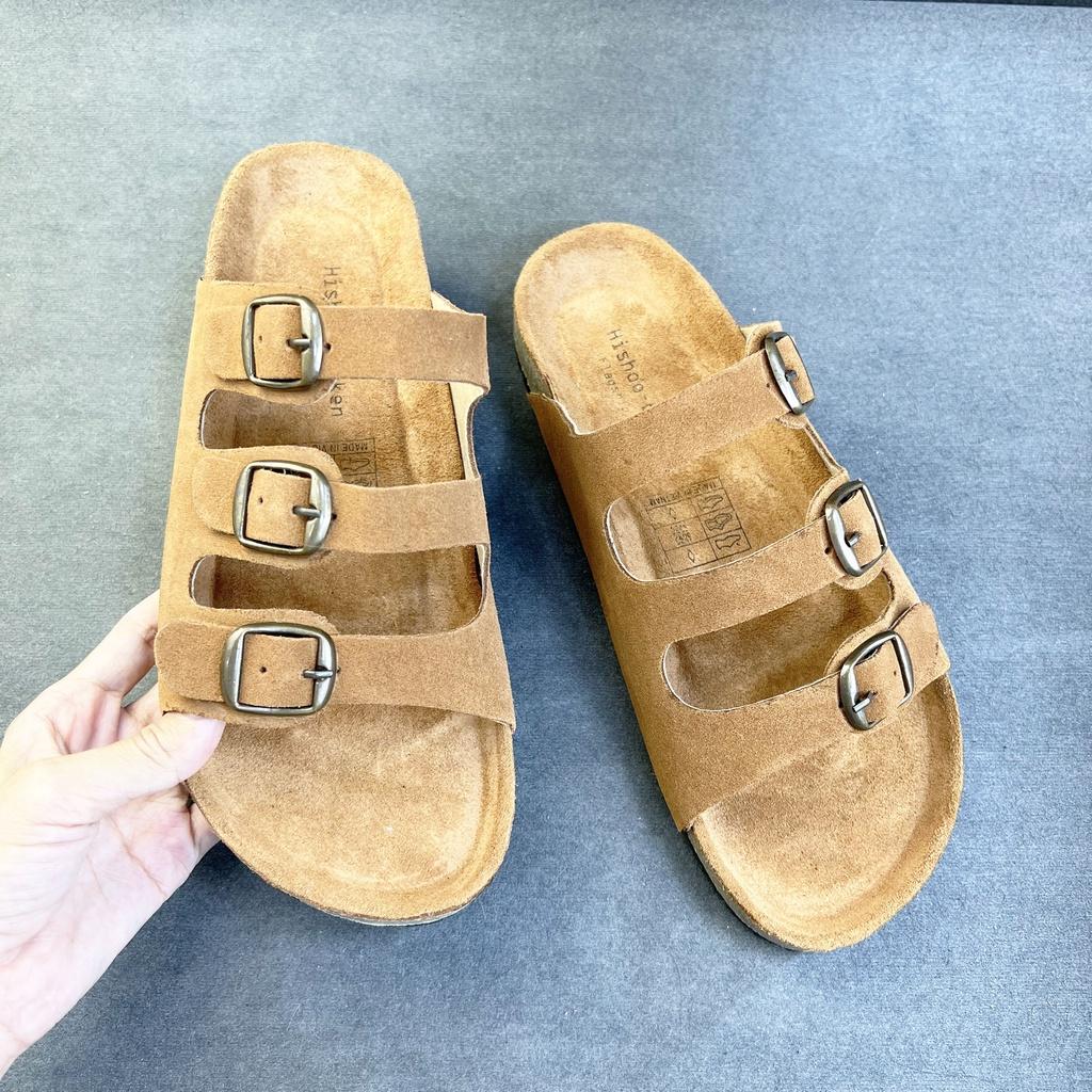 Dép đế trấu birken chất liệu da bò nỉ nam nữ unisex quai ngang 3 khóa size 35 - 43 chính hãng Hisho S113