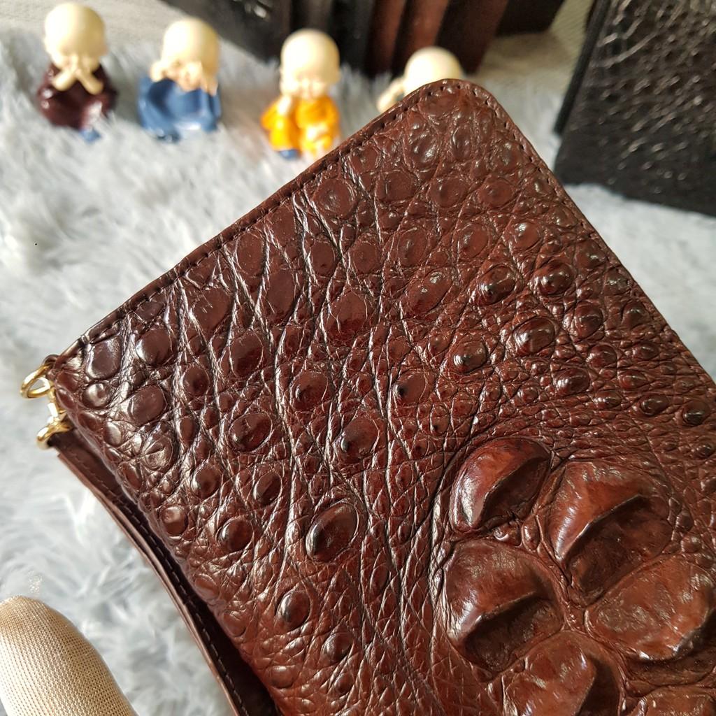 Ví Cầm Tay Cá Sấu Nữ/Nam | Ví Clutch Da Cá Sấu Gù To Một Khóa | Màu Nâu Cafe | Bảo Hành 24 Tháng.
