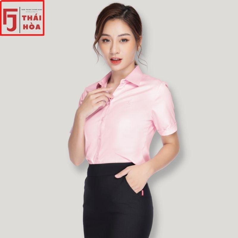 Áo sơ mi nữ Thái Hòa đẹp công sở bigsize cao cấp sợi tre màu hồng 8919-02-01