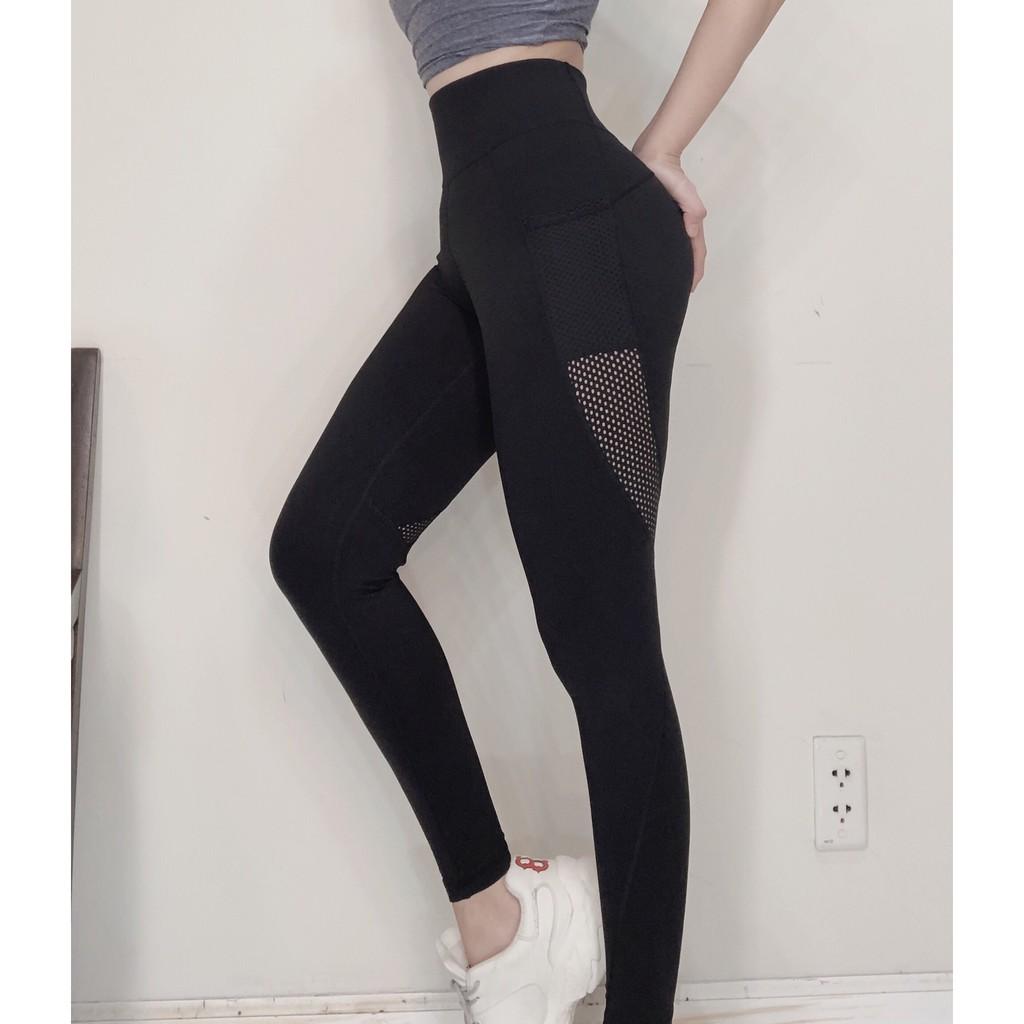 Quần tập Gym, Yoga nữ dài phối lưới L-09, kiểu quần tập legging nâng mông, cạp cao co giãn 4 chiều, thoáng mát