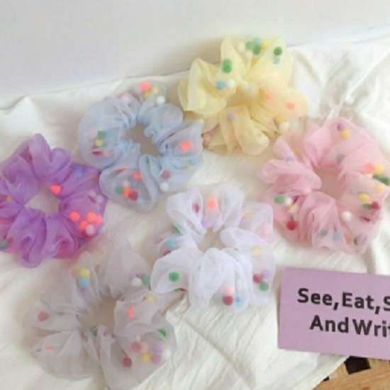 COMBO 5 DÂY CỘT TÓC VOAN CÓ HẠT VẢI POM POM