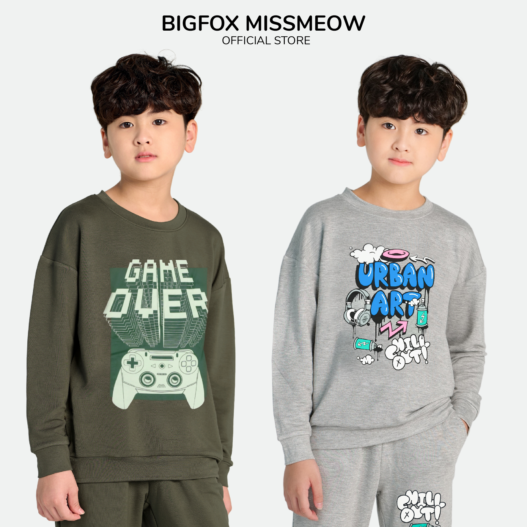 (12-15 tuổi) Bộ nỉ bé trai Bigfox Miss Meow size đại, bộ thu đông bé trai họa tiết Game Over size trẻ em 12,13,14,15