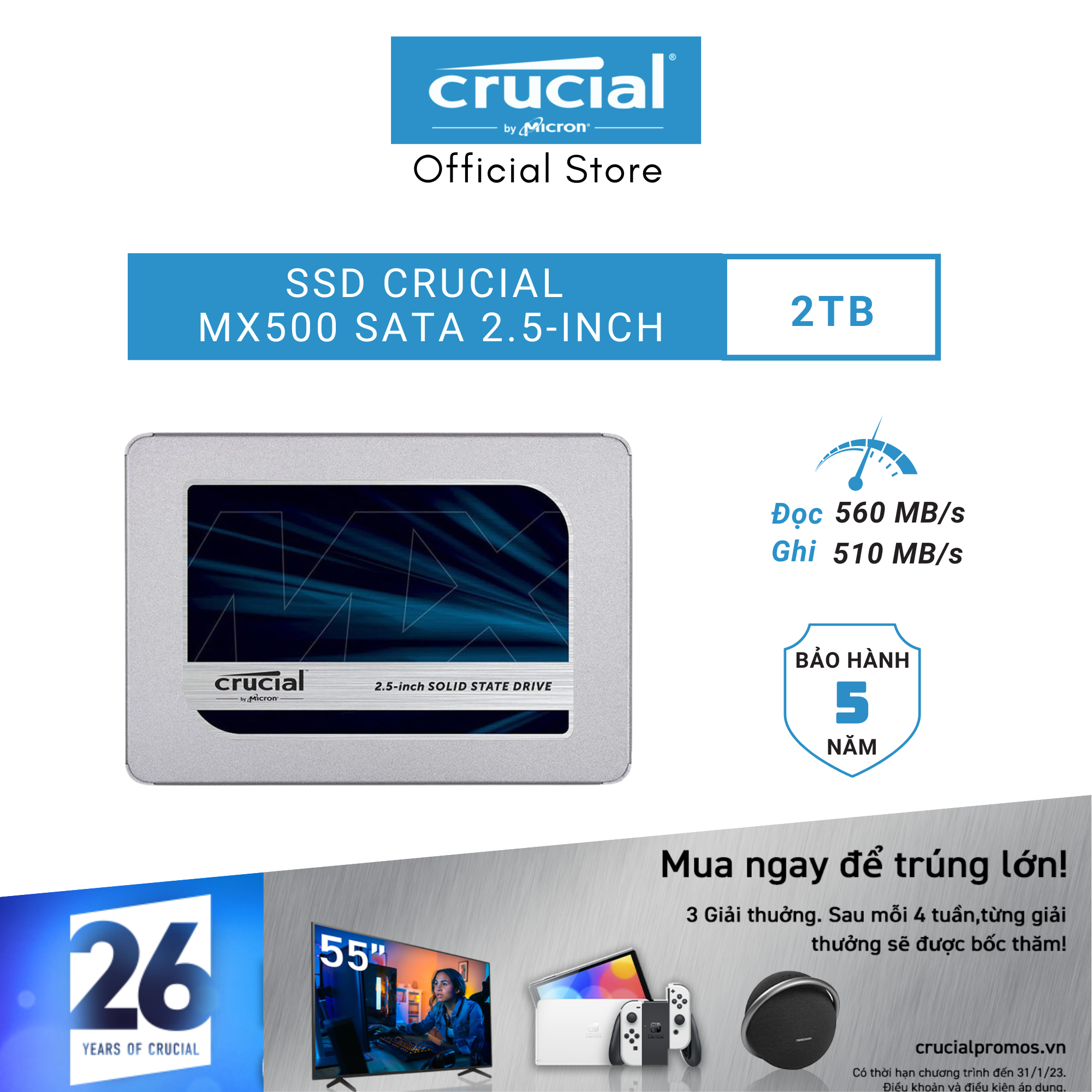 Ổ cứng SSD Crucial MX500 3D NAND 2.5-Inch SATA III 2TB CT2000MX500SSD1 - HÀNG CHÍNH HÃNG