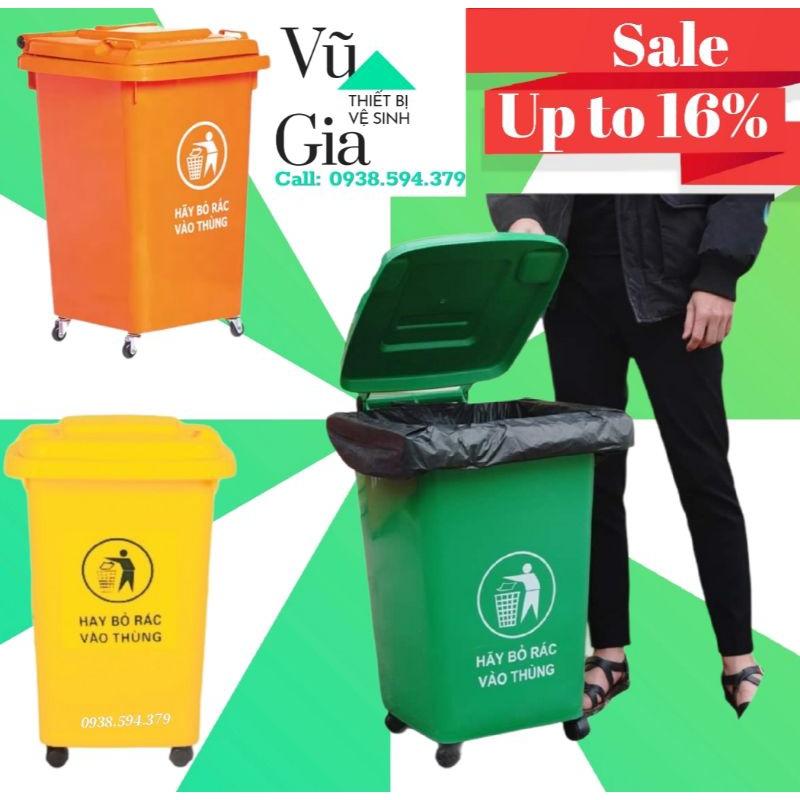 Thùng rác nhựa công cộng 60L 3 màu xanh, vàng, cam - 4 bánh xe
