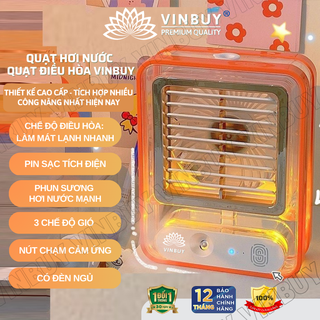 Quạt tích điện mini để bàn phun sương hơi nước phù hợp gia đình, văn phòng, nhỏ gọn cầm tay, có pin, đèn ngủ - Hàng chính hãng VinBuy