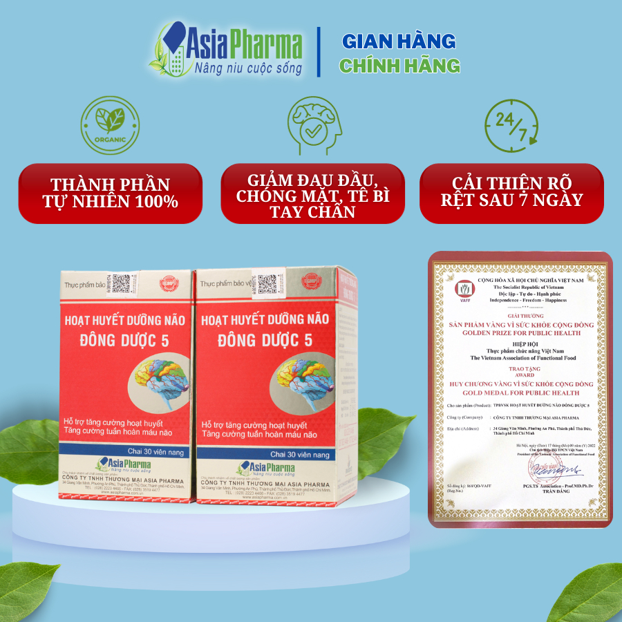 [COMBO 2 HỘP] Viên uống hoạt huyết dưỡng não Đông Dược 5 Asia Pharma hỗ trợ thiểu năng tuần hoàn não - Hộp 30 viên