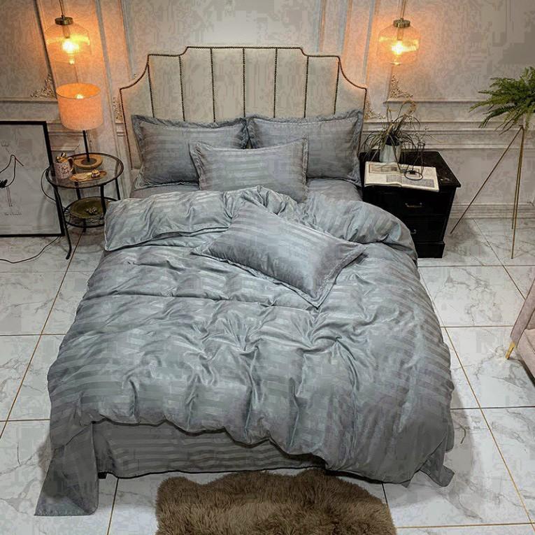 Bộ 5 Món Ga Gối SỌC 3F Vải Cotton Lụa Hàng Chuyên Cho Gia Đình Và Khách Sạn - Xám LAN PHAM BEDDING