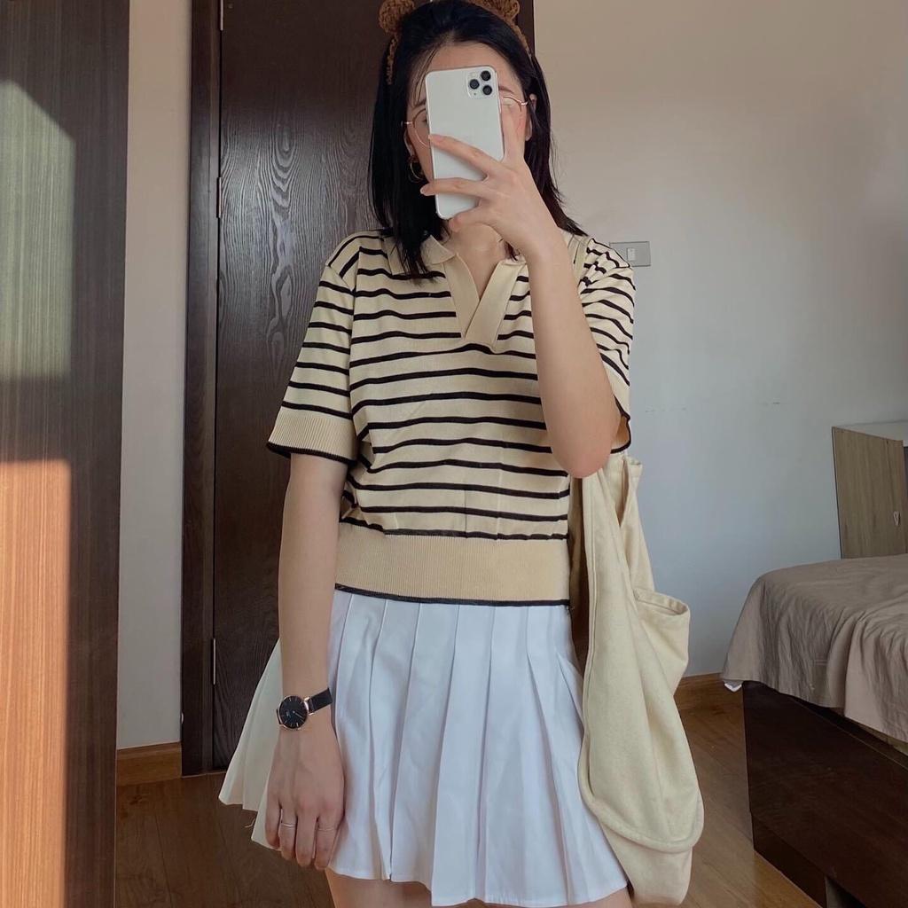 Áo len kẻ ngang cổ bẻ