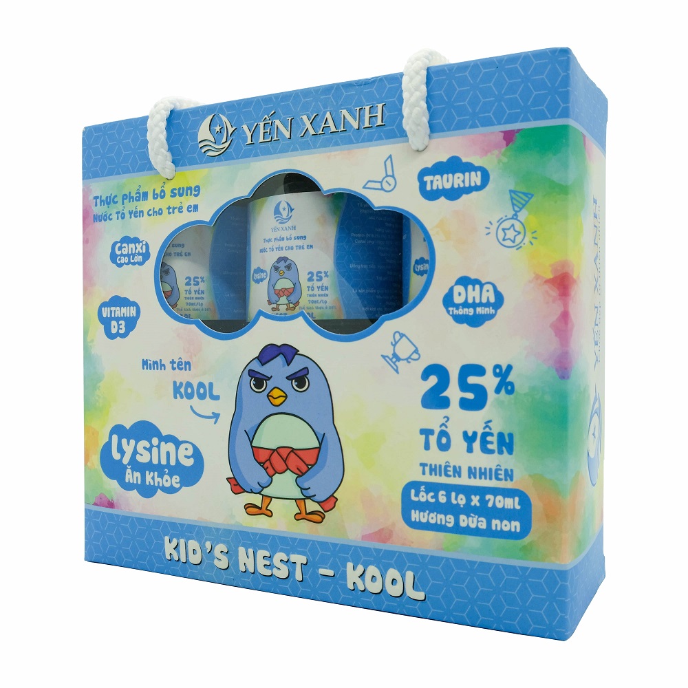 25% tổ yến - Thực phẩm bổ sung: Nước tổ yến chưng dành cho trẻ em Kid's nest - Kool hương dừa non - YẾN XANH - Lốc 6 lọ x 70ml