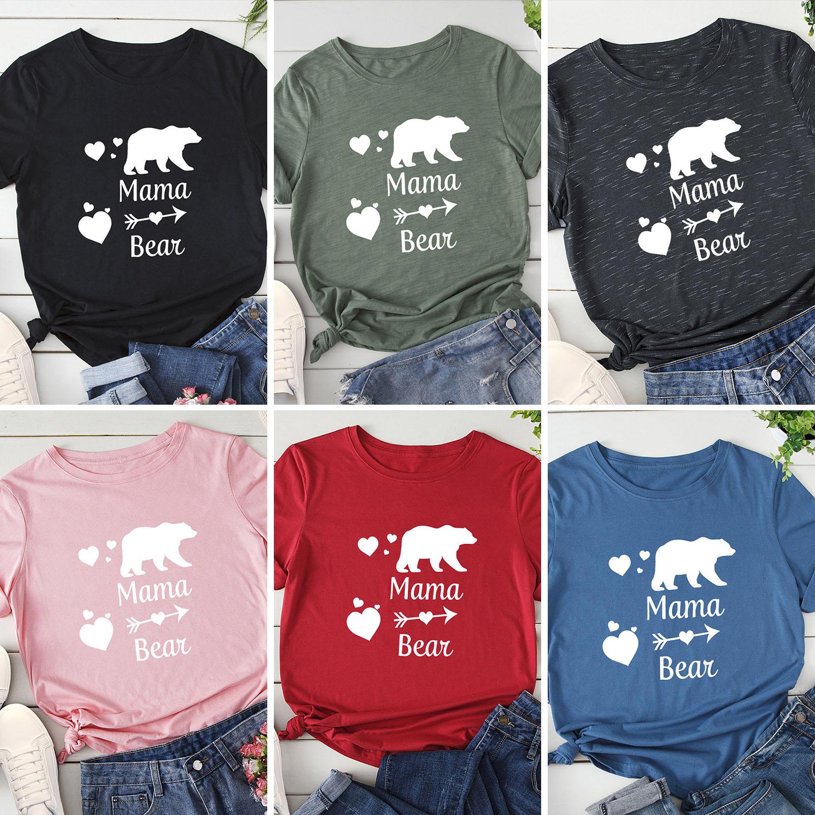Women Cotton T-Shirt Heart Polar Bear Letter Print O-neck Roll Up Sleeve Shirt Loose Casual Tops for Birthday Mother’s
