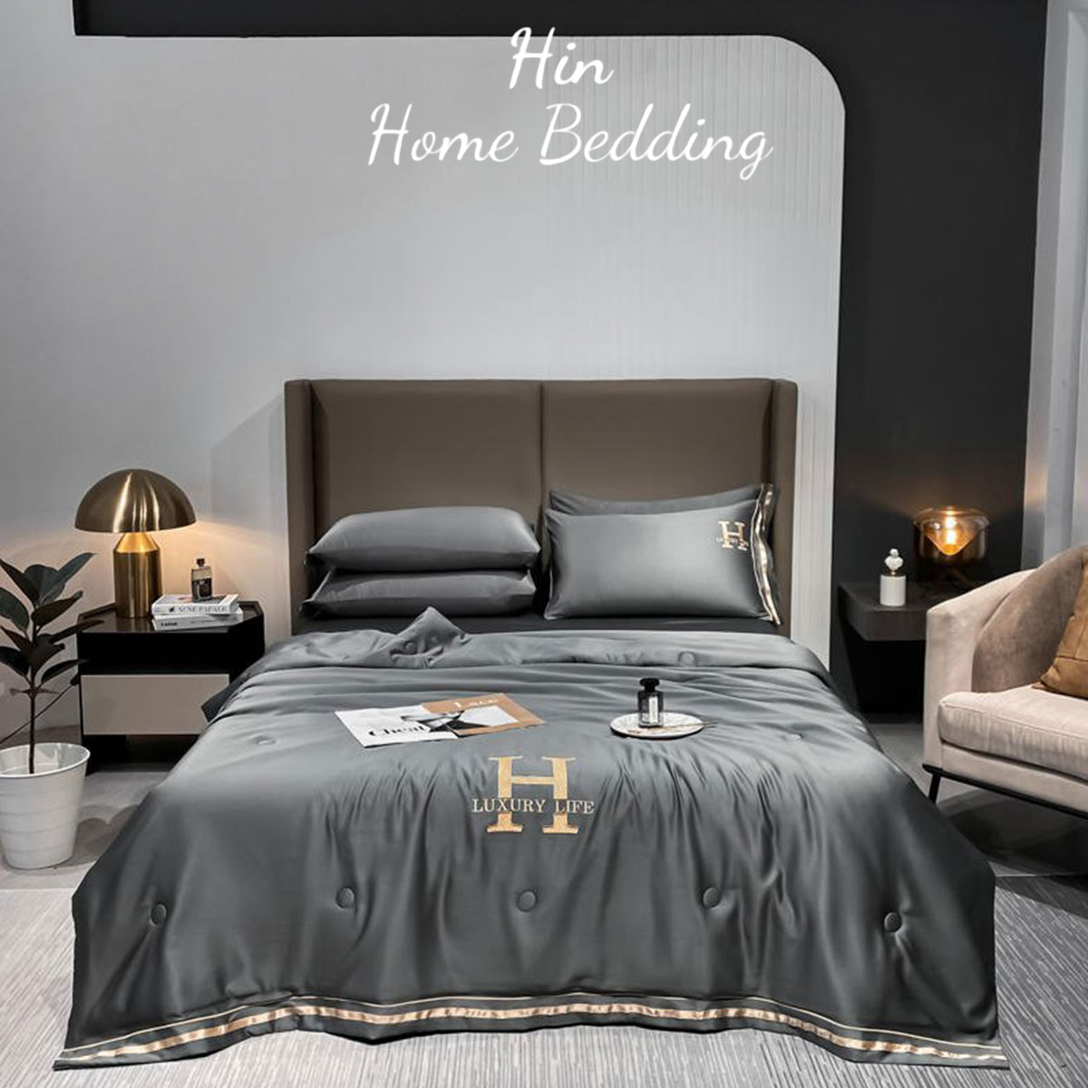 Bộ Chăn Ga Gối Đệm 5 Món Chăn Phao Lụa Thái Hin Home Bedding Drap Giường Lụa Mẫu Xám Lông Chuột