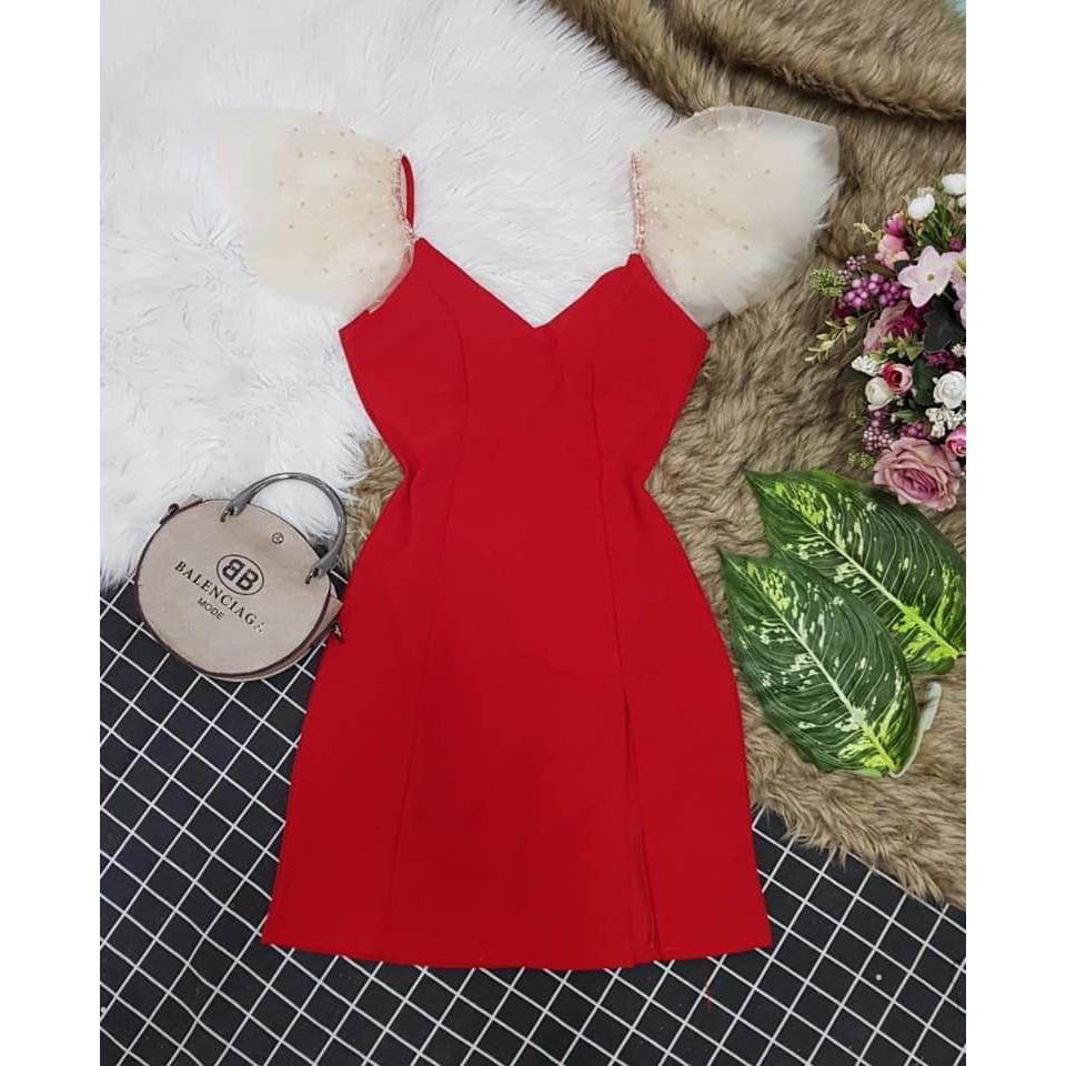 Đầm body phối vai lưới kết hạt