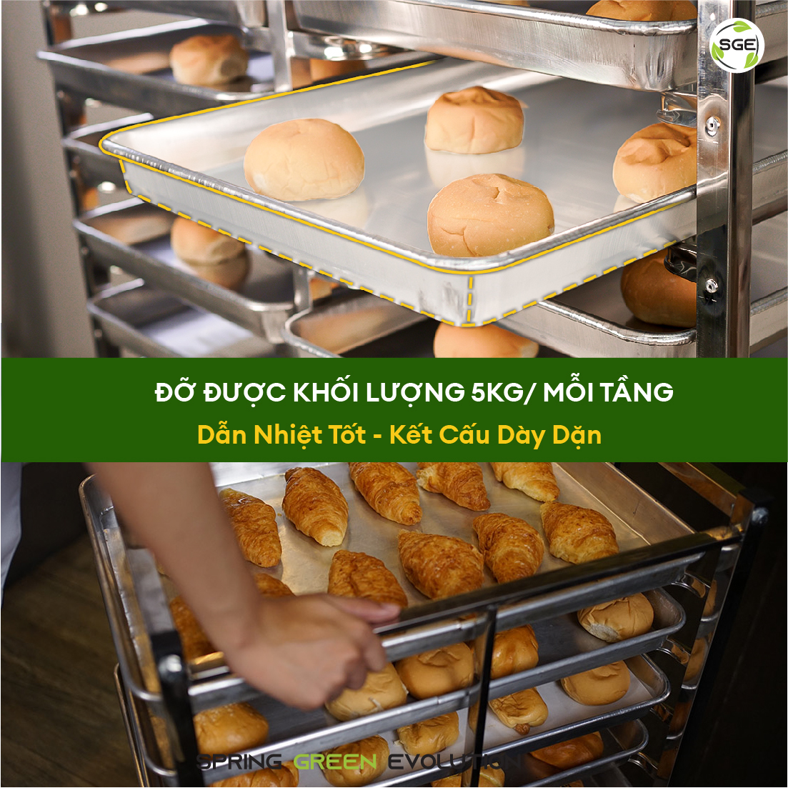 Kệ Inox Khay Bánh, Xe Hong Bánh SGE Chất Liệu Inox Dày Dặn, Có Khoá Bánh. Có 4 Size 6,10,15,30 Tầng