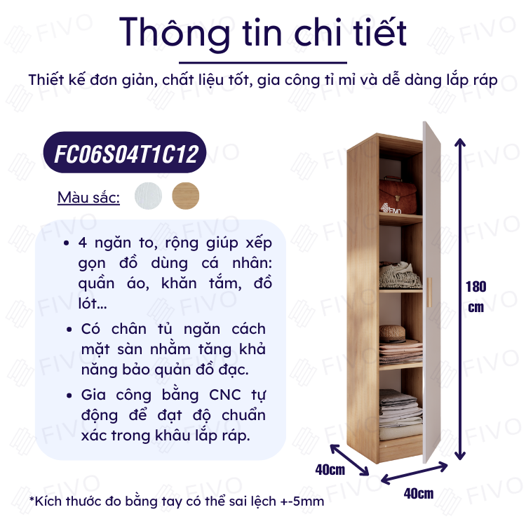 Tủ Áo Gỗ Chống Ẩm Cao Cấp 1 Cửa FIVO FC06, Mẫu Mã Đa Dạng, Phù Hợp Cho Không Gian Nhà Nhỏ, Giá Rẻ - Màu Gỗ Trắng