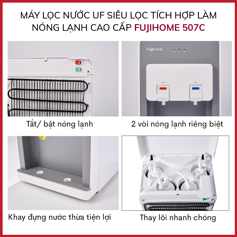 Máy lọc nước nóng lạnh để bàn cao cấp Fujihome WP507C, 4 cấp lọc với màng siêu lọc UF Kortech Hàn Quốc, làm lạnh bằng Block- Hàng Chính hãng