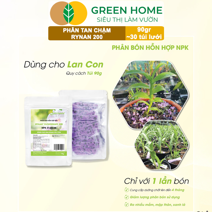Phân Tan Chậm GreenHome, Rynan 200, Bao 90gr ~ 30 Túi Lưới 3gr, Dành Cho Giai Đoạn Phong Lan Cây Con