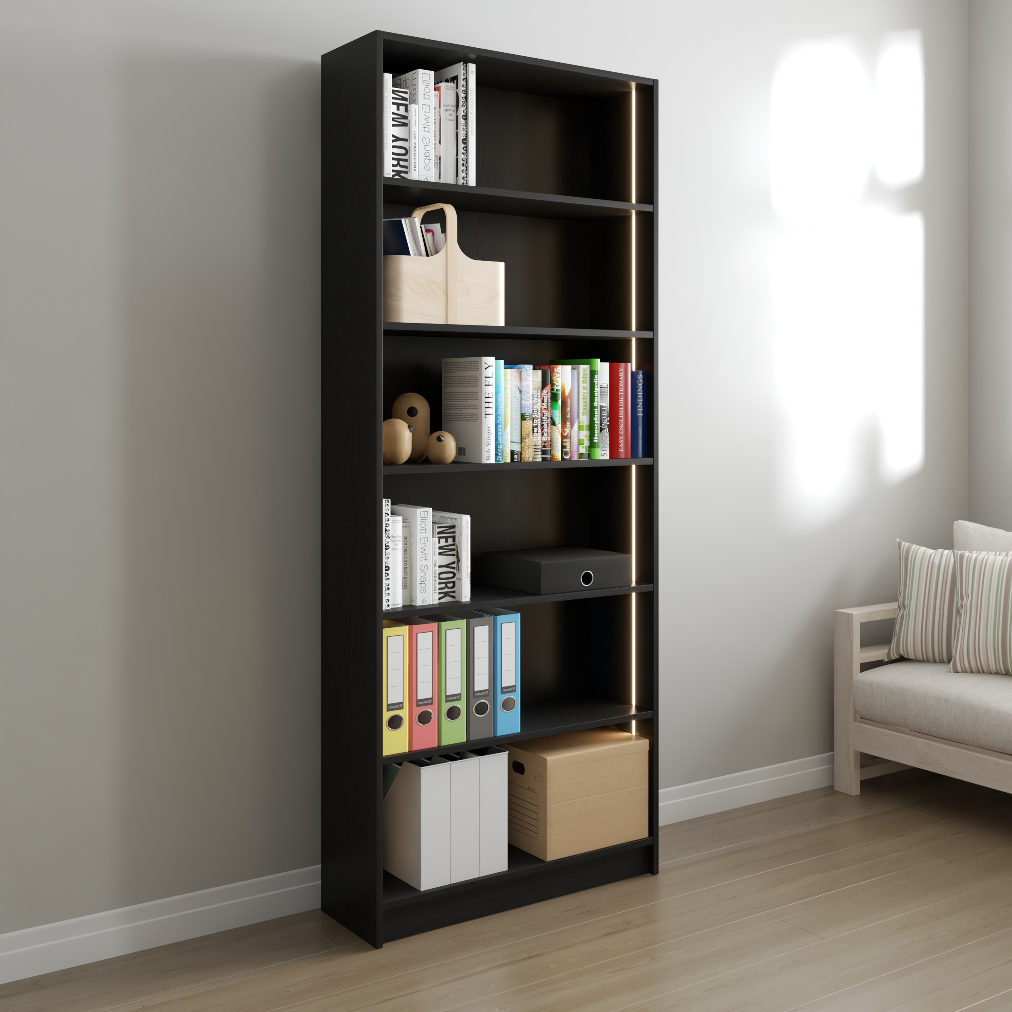 [Happy Home Furniture] CATY, kệ sách 6 tầng tích hợp đèn LED, 80cm x 28cm x 202cm (DxRxC), KSA_006_LED