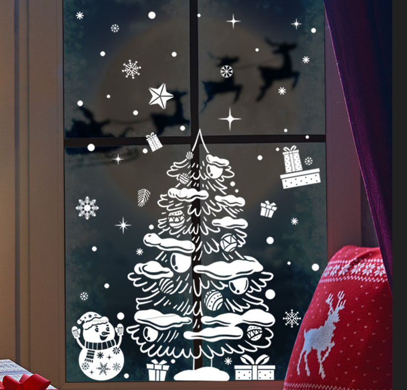 Decal trang trí Noel hít tĩnh điện - 2 Chú nai và cây thông trắng