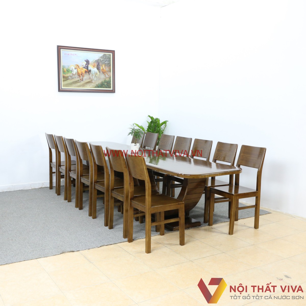 Bộ Bàn Ăn 14 Ghế Gỗ Sồi Nga Sơn Màu Óc Chó Sang Trọng Tinh Tế