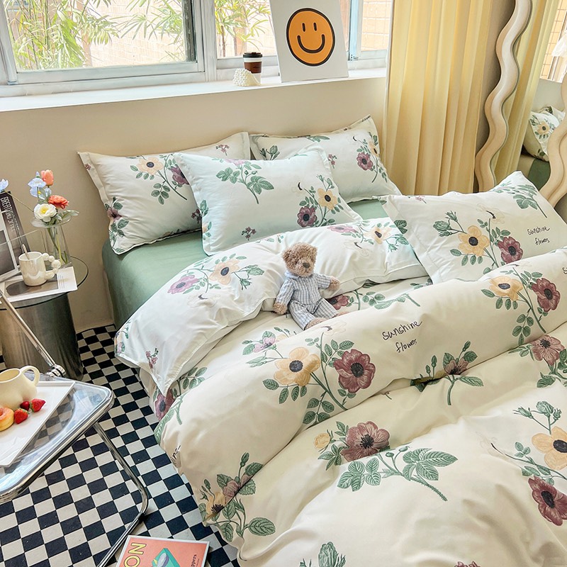 Bộ 4 món ga gối và vỏ chăn Cotton Poly Nhập Khẩu mẫu Hoa mười giờ