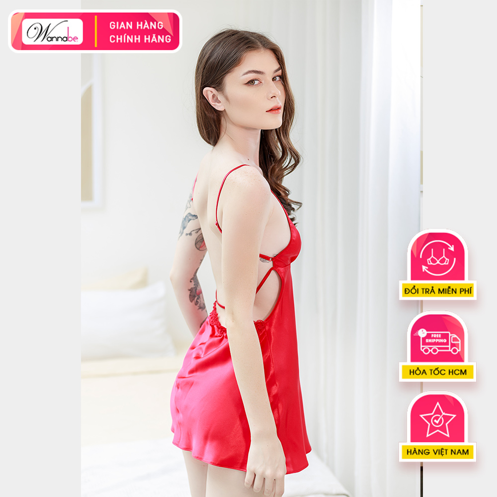 Đầm ngủ lụa WANNABE DNS51 váy ngủ xẻ ngực cut out lưng thả dây ngang tô điểm lưng trần nữ tính quyến rũ của bạn gái