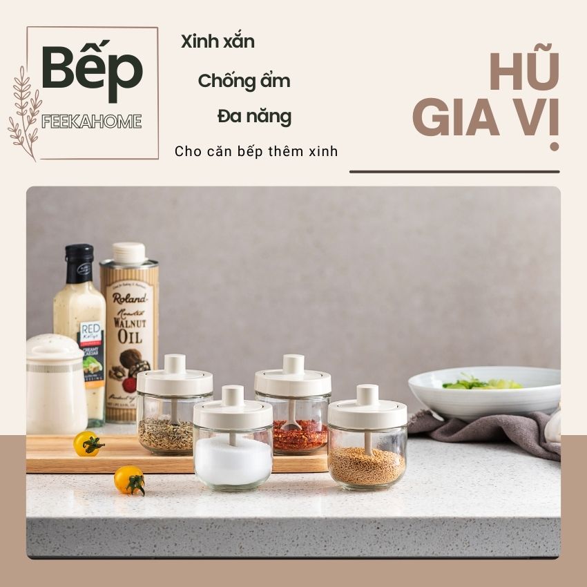 Hũ gia vị thủy tinh chống ẩm FEEKA kèm thìa 300 ml xinh đẹp