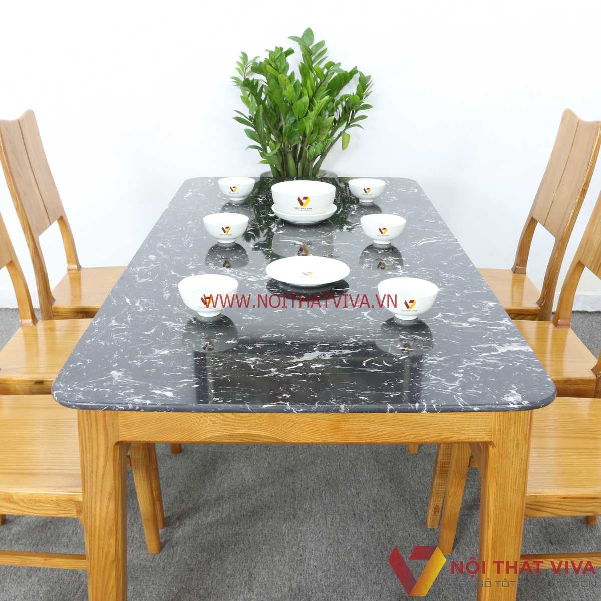 Bộ Bàn Ăn 6 Ghế Gỗ Sồi Nga Màu Vàng Mặt Đá Đen Tràn Gọn Đẹp Giá Rẻ