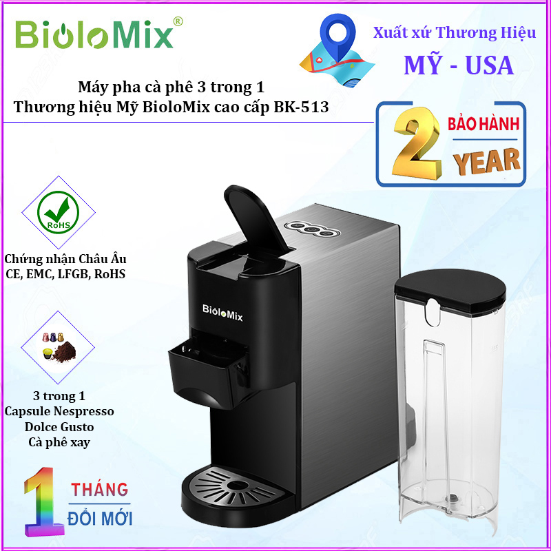 Máy pha cà phê 3 trong 1 BioloMix BK-513 công suất 1450W, thiết kế nhỏ gọn hiện đại - Hàng Nhập Khẩu