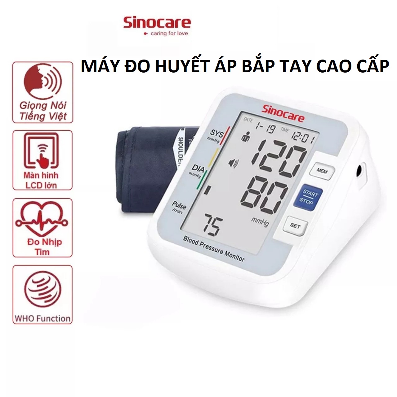 Máy đo huyết áp Sinocare thông minh tự động có giọng nói hướng dẫn tiếng việt