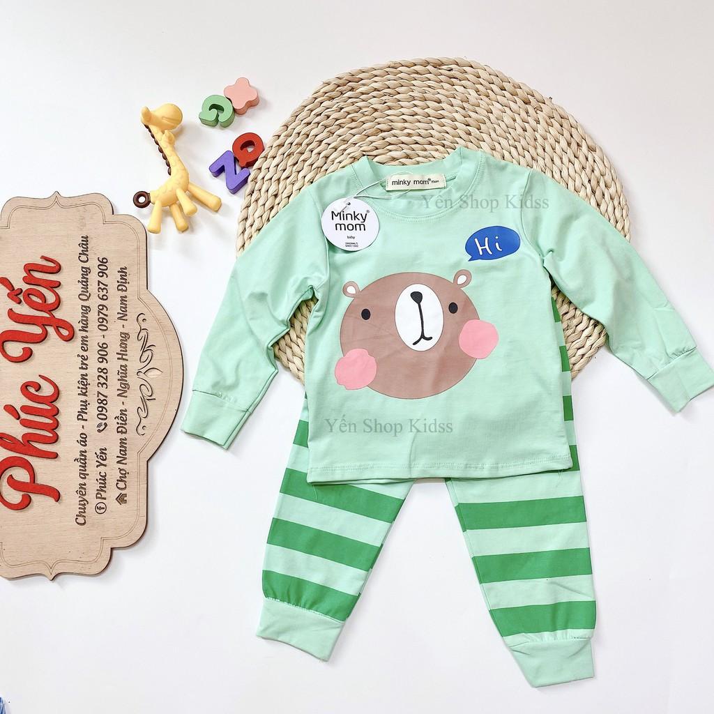Bộ Dài Tay Minky Mom Cotton 100 % Họa Tiết Động Vật Gấu Nâu Xanh-Quần Kẻ Cho Bé (7-19kg) (1309