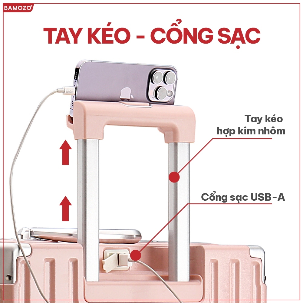 Vali khung nhôm khóa sập Bamozo 9066 size 20/24/28 inch cao cấp bịt 4 góc kim loại chống va đập bảo hành 5 năm